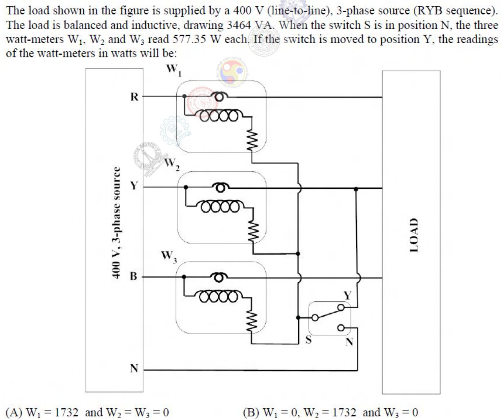 A 400 V three-phase source with lines R, Y, B and neutral N feeds a load through three wattmeters $W_1$, $W_2$ and $W_3$ in lines R, Y and B. The common point of the voltage coils is connected through a switch S either to the neutral N or to line Y.