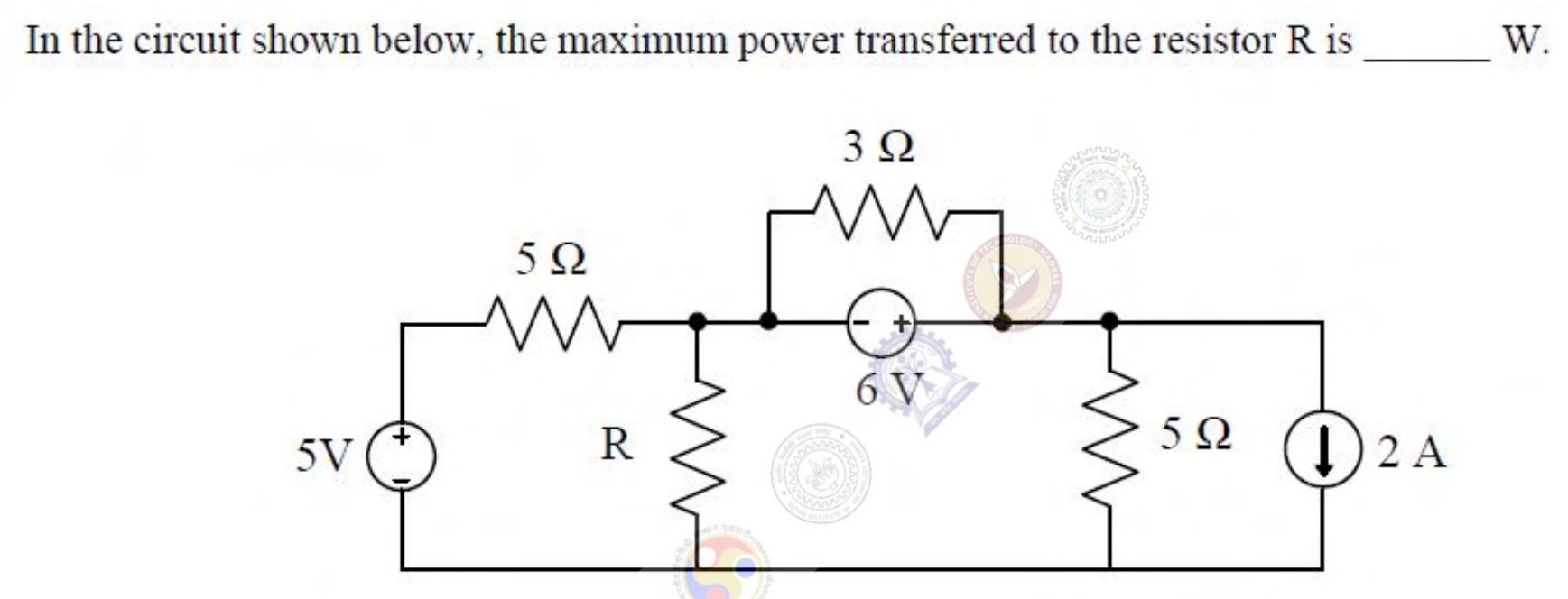 A 5 V source in series with a $5\ \Omega$ resistor feeds a node. The resistor R is connected from this node to ground. A $6$ V source (with its negative terminal on the left) connects this node to a second node, with a $3\ \Omega$ resistor in parallel with the source. The second node has a $5\ \Omega$ resistor to ground and a 2 A current source pulling current to ground.