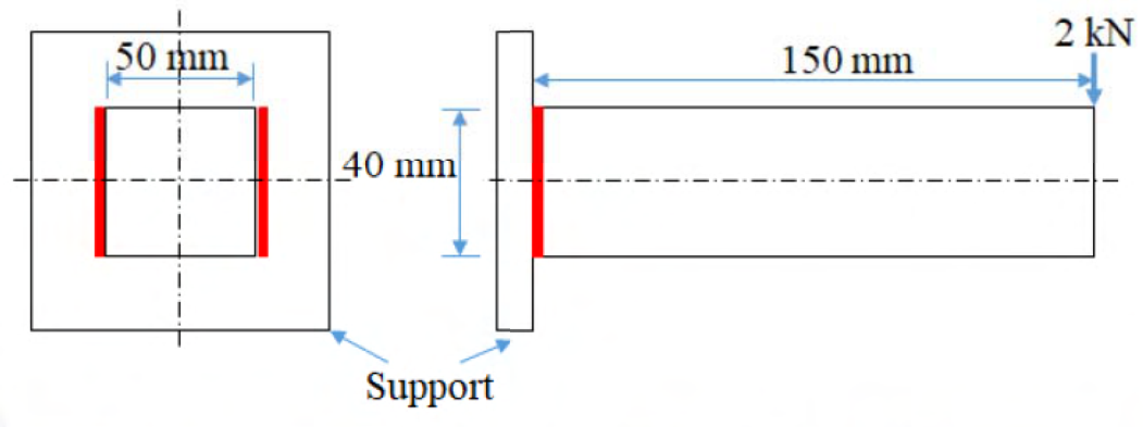 Two vertical fillet welds each 40 mm long and 50 mm apart; a 2 kN downward force acts 150 mm from the support. See the attached source image.