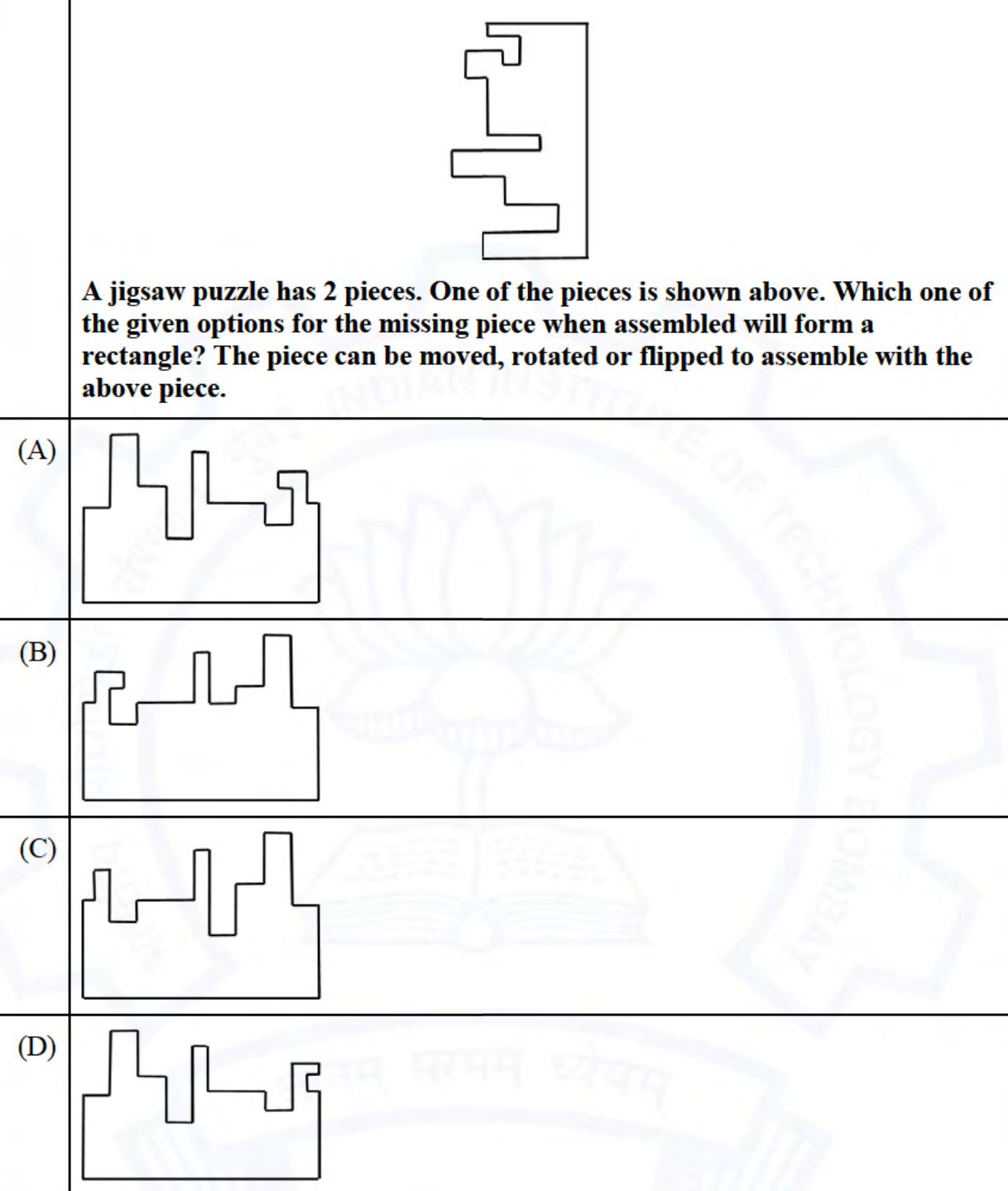 One stepped jigsaw piece and four labelled candidate pieces A–D, which may be moved, rotated or flipped. See the attached source image.