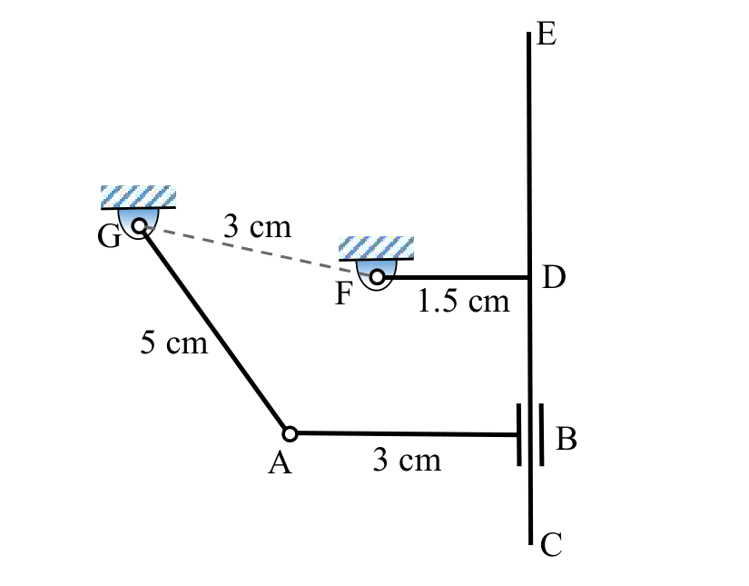 a ground link FG of length 3 cm. A link AG of length 5 cm pivoted at G, with a rigid arm AB of length 3 cm perpendicular to the line CE ending in a slider B on the line CE. The T-shaped link CDEF is pivoted at F, with FD = 1.5 cm perpendicular to the line CE.
