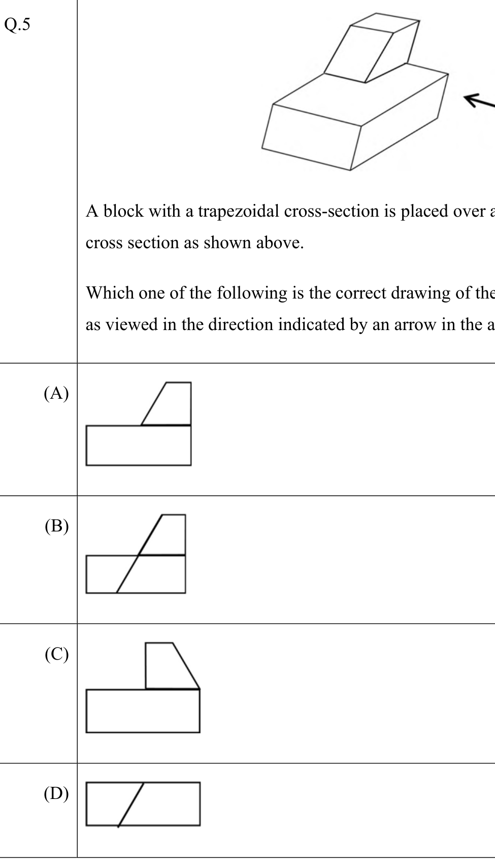 a long rectangular block with a smaller block of trapezoidal cross-section on its top, and an arrow showing the viewing direction from the right-hand end. Options A to D are end views: a rectangle with a trapezoid on top (A: trapezoid at the right, with its slanted side on the left; B: with a slanted line across both blocks; C: trapezoid at the left with the slanted side on the right; D: a rectangle with only a slanted line).