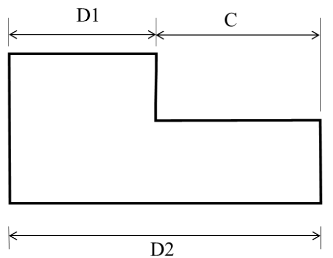 a stepped part with the overall length D2, a first step of length D1 and the remaining length C = D2 − D1.