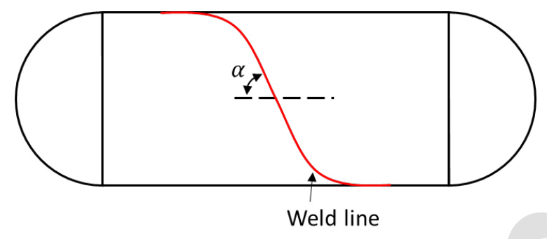 A horizontal thin cylindrical vessel with hemispherical ends. A weld line crosses the cylindrical part at an angle $\alpha$ of 60° to the horizontal axis.
