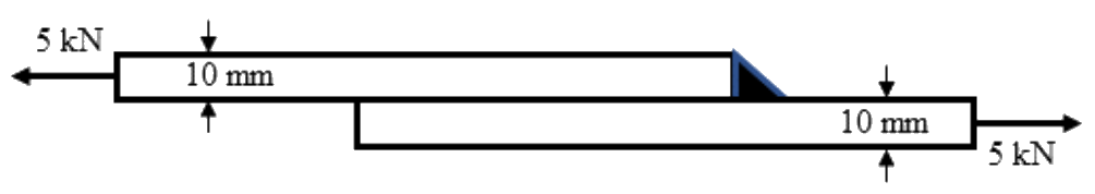 Two overlapping plates of thickness 10 mm, joined by a single transverse fillet weld along one edge, and pulled apart by a 5 kN force at each end.