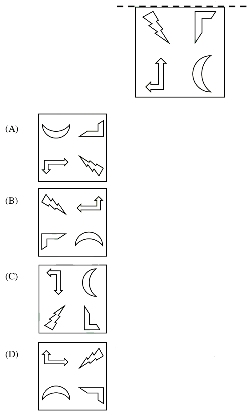 A square holding four shapes, with a horizontal dashed line above it. The upper left holds a lightning bolt, the upper right a corner bracket, the lower left a stepped arrow and the lower right a crescent. Four candidate figures labelled A to D follow.