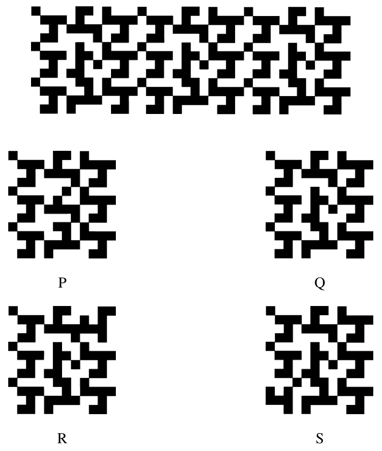 A long strip made of three copies of the same black and white block pattern placed side by side. Below the strip are four candidate patterns, labelled P, Q, R and S.