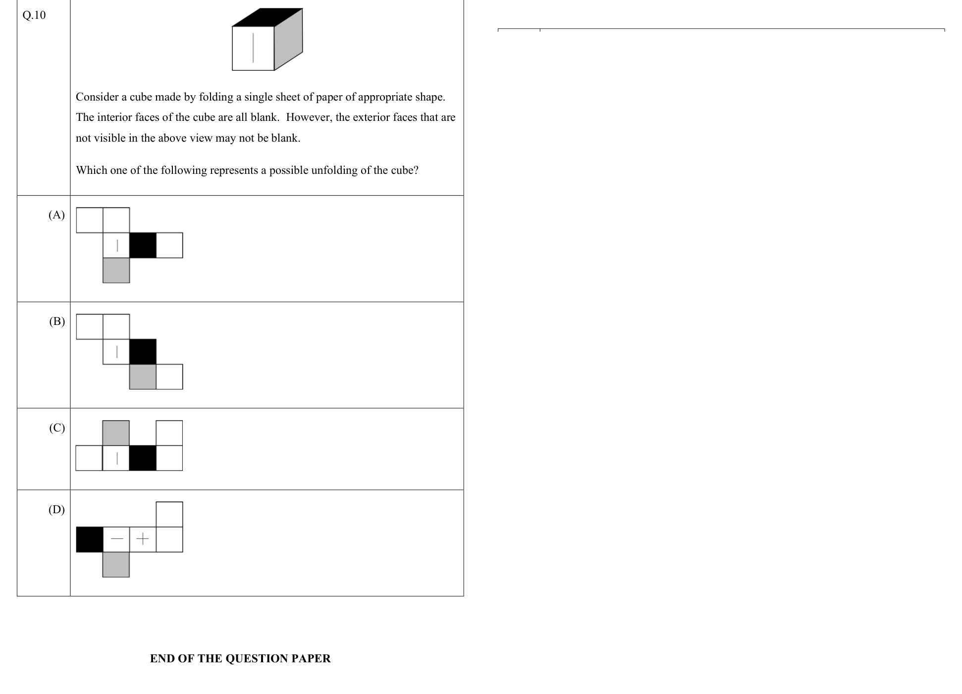 Marked cube and four candidate nets.