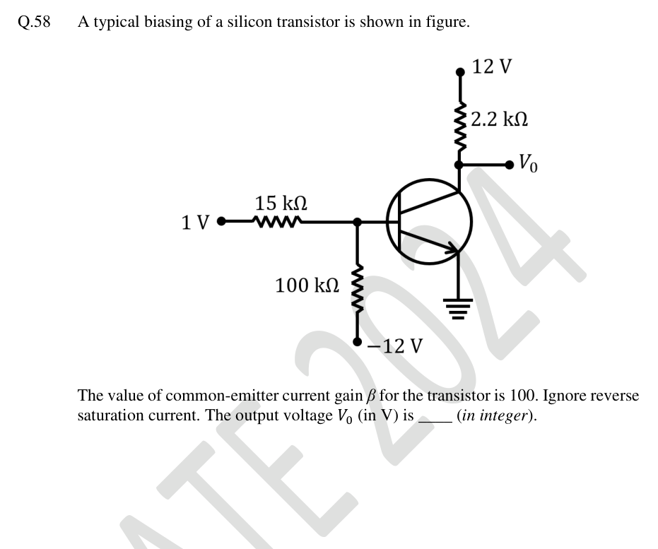 NPN transistor biased by 1 V through 15 kΩ and −12 V through 100 kΩ, with 12 V collector supply and 2.2 kΩ load.
