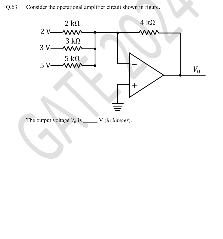 Inverting summing amplifier with inputs 2, 3, 5 V through 2, 3, 5 kΩ and 4 kΩ feedback.