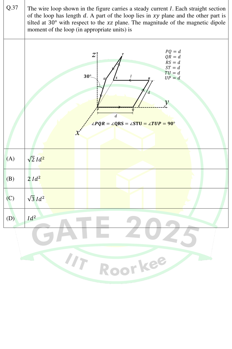 Six-segment bent current loop, partly in the xy plane and partly tilted 30 degrees from the xz plane.