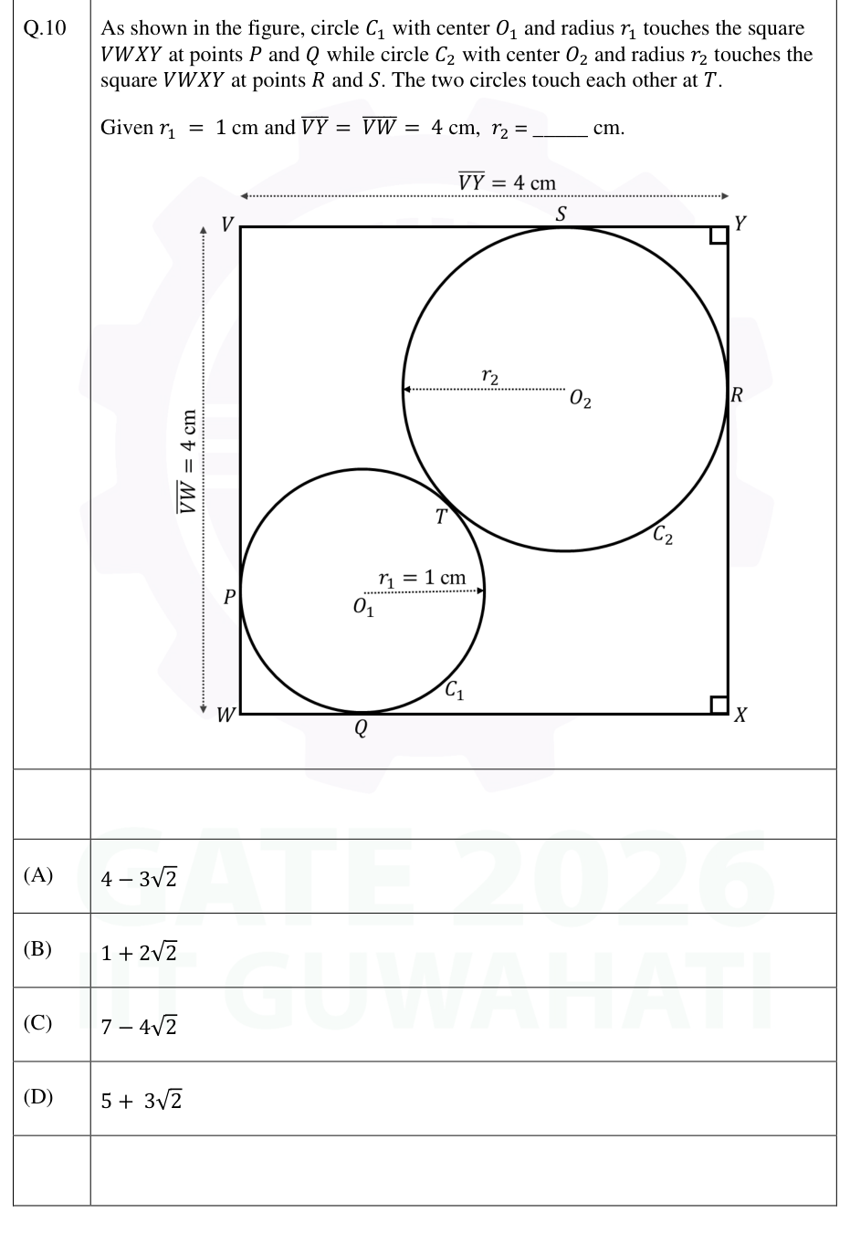 Two externally tangent circles touching opposite corners of a square of side 4 cm.