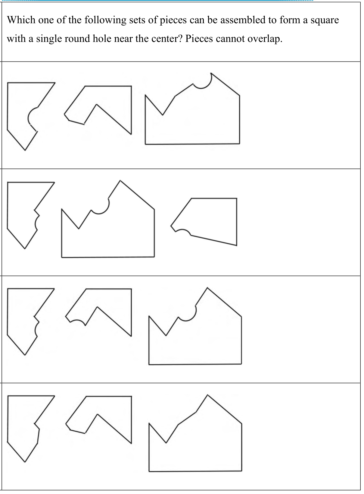 Four sets (A to D) of three polygon pieces each. In set A one piece has a semicircular bite on its right edge and the large piece has a semicircular bite on its top edge. In sets B and C the pieces have several small bites of different sizes. In set D no piece has a bite.
