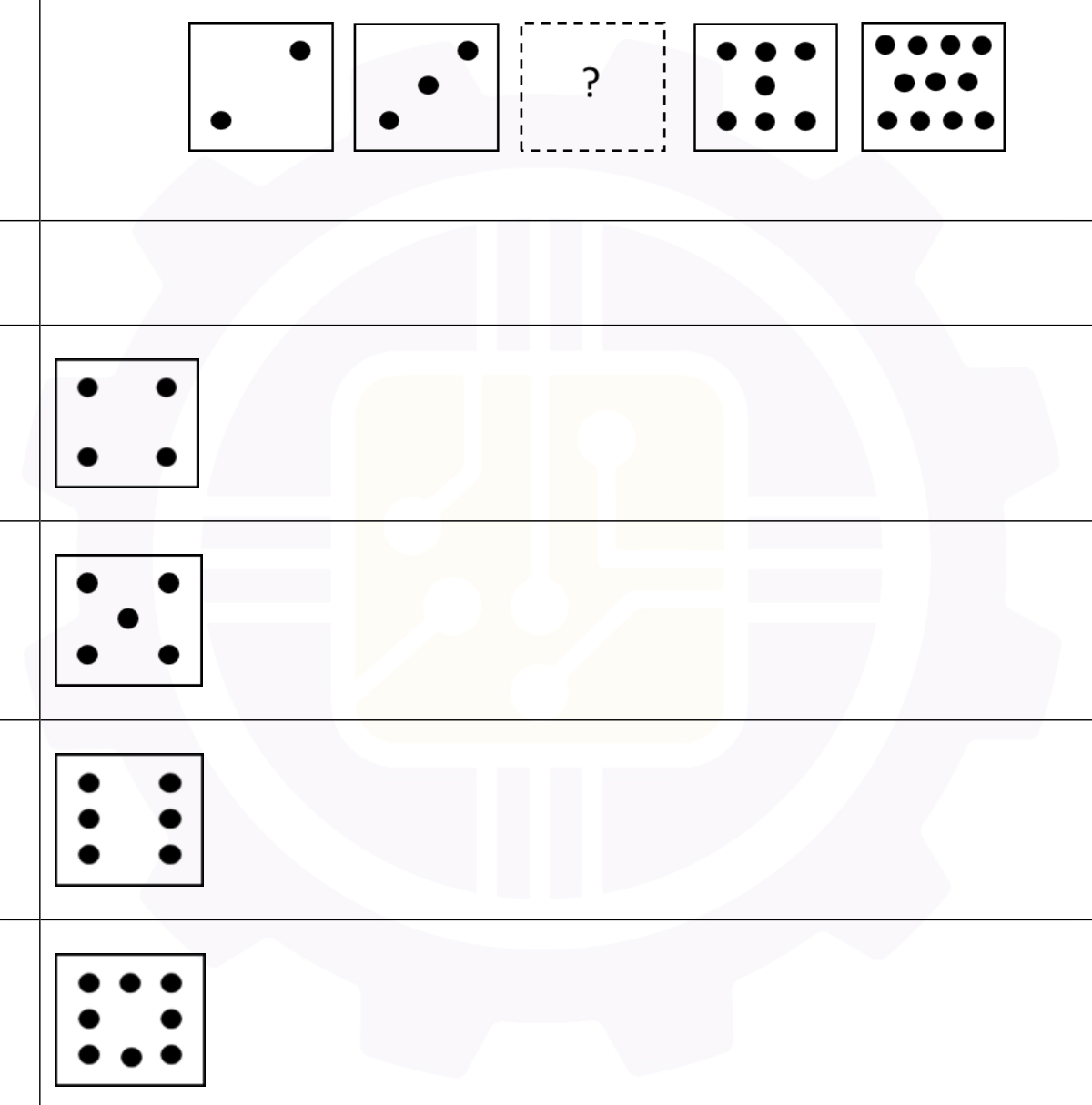 A row of five tiles made of dots. The first tile has 2 dots, the second has 3 dots, the third is missing and is shown as a dashed tile with a question mark, the fourth has 7 dots and the fifth has 11 dots.